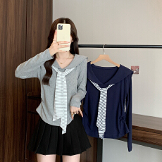 批发实拍2026春装新款<b class='q'>胖</b><b class='q'>mm</b>大码女韩系减龄海军领条纹绑带显瘦长袖上衣