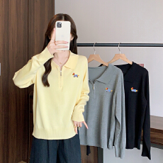 批发实价实拍2026春装新款胖mm大码女减龄刺绣小狗半开领长袖针织上衣