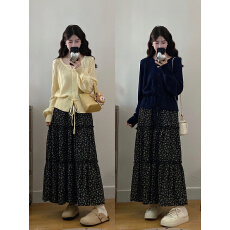 批发实拍2026春装新款胖mm大码女时尚温柔圆领针织上衣碎花半身裙套装