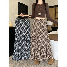 批发实价实拍2026春装新款胖mm大码女高腰显瘦垂坠感中长款格子半身裙