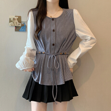 批发实价实拍2026春装新款胖mm大码别致假两件系带串珠长袖打底衬衫