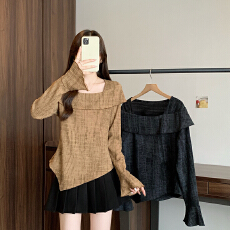 批发实拍2026春装新款<b class='q'>胖</b><b class='q'>mm</b>大码女时尚肌理感方领不规则喇叭袖上衣