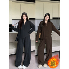 批发实拍2025秋<b class='q'>冬</b>新款胖mm大码女慵懒风半开领卫衣阔腿裤加绒加厚套装