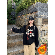 批发实拍2025秋冬新款<b class='q'>胖</b><b class='q'>mm</b><b class='q'>大码</b>女休闲印花字母加绒加厚连帽卫衣上衣