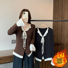 批发实拍2025秋<b class='q'>冬</b>新款胖mm大码女时尚撞色假两件加绒保暖长袖上衣