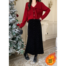 批发实价#2025<b class='q'>冬</b>装新款胖mm大码百搭加绒加厚丝绒波点半身裙