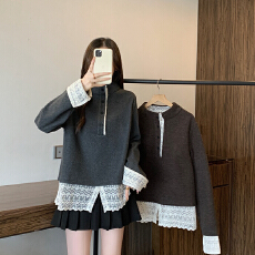 批发实拍2025冬装新款胖mm大码女韩系立领拼接蕾丝花边时尚毛呢上衣