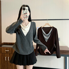 批发实拍2026早春新款胖mm大码女设计感假两件荡领叠穿百搭长袖上衣