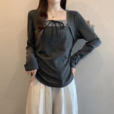 批发实价实拍2025<b class='q'>春</b>装新款胖mm大码女时尚纯欲蝴蝶结拼接内搭长袖上衣