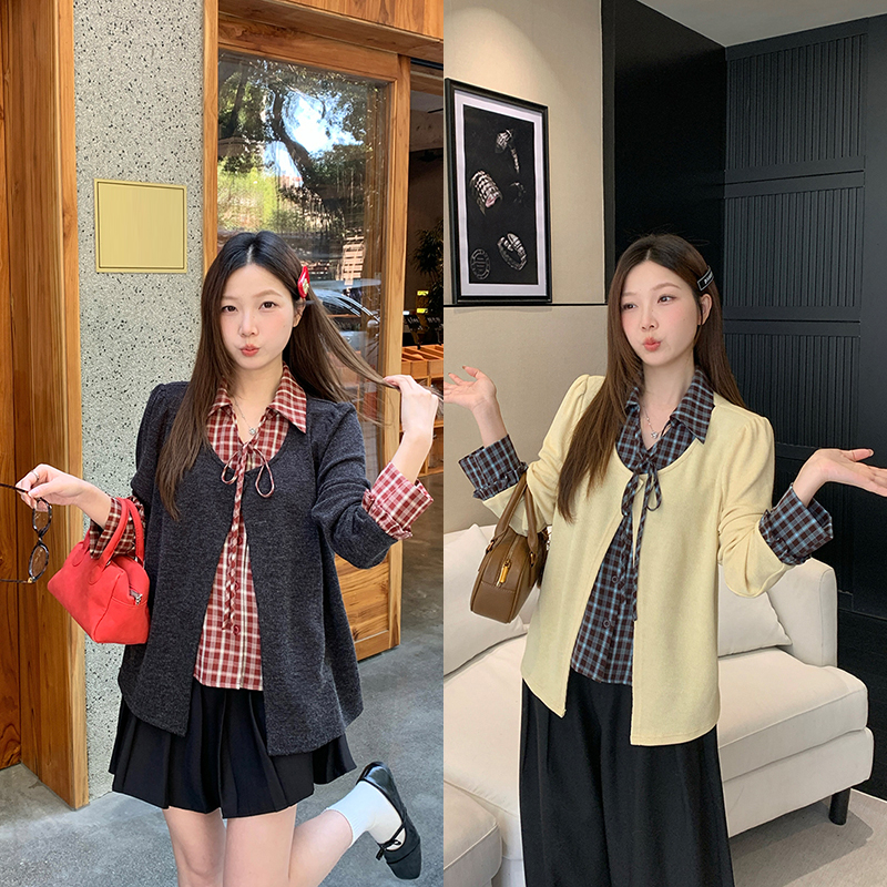 정가 실사 2026 봄 드레스 새로운 지방 mm 빅 사이즈 여성 페이크 레이어드 패치워크 체크무늬 레이스업 니트 긴 소매 맨위
