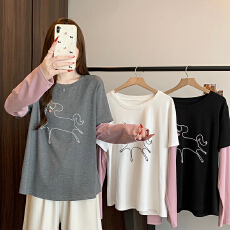 批发实拍2026早春新款胖mm大码女韩系撞色小马刺绣假两件长袖上衣