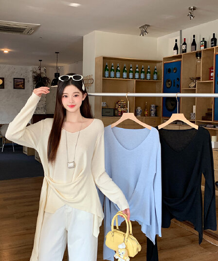 실사 2026 봄 드레스 새로운 지방 mm 빅 사이즈 여성 디자인 센스 V넥 허리 수축 슬림해 보이는 리본 긴팔 니트 맨위