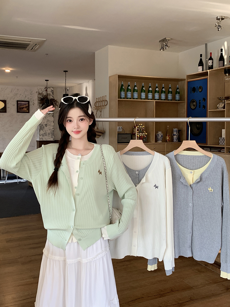실사 2026 봄 드레스 새로운 지방 mm 빅 사이즈 여성 패션 디자인 센스 페이크 레이어드 자수 작은 말 니트 맨위