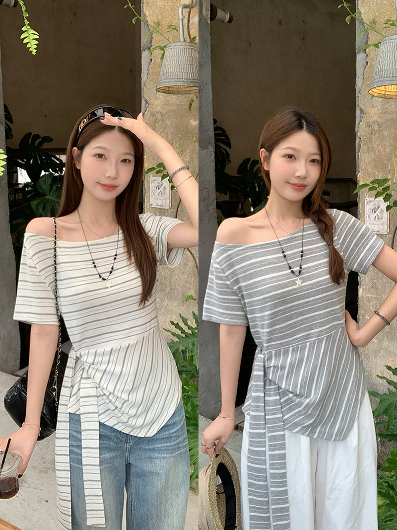 RY3133# 实价实拍2026夏装新款胖mm大码女高级条纹露肩飘带不规则...