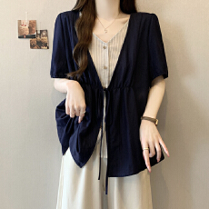 批发实拍2026夏装新款大码女装<b class='q'>牛仔</b>蓝拼接条纹衬衫开衫假两件上衣