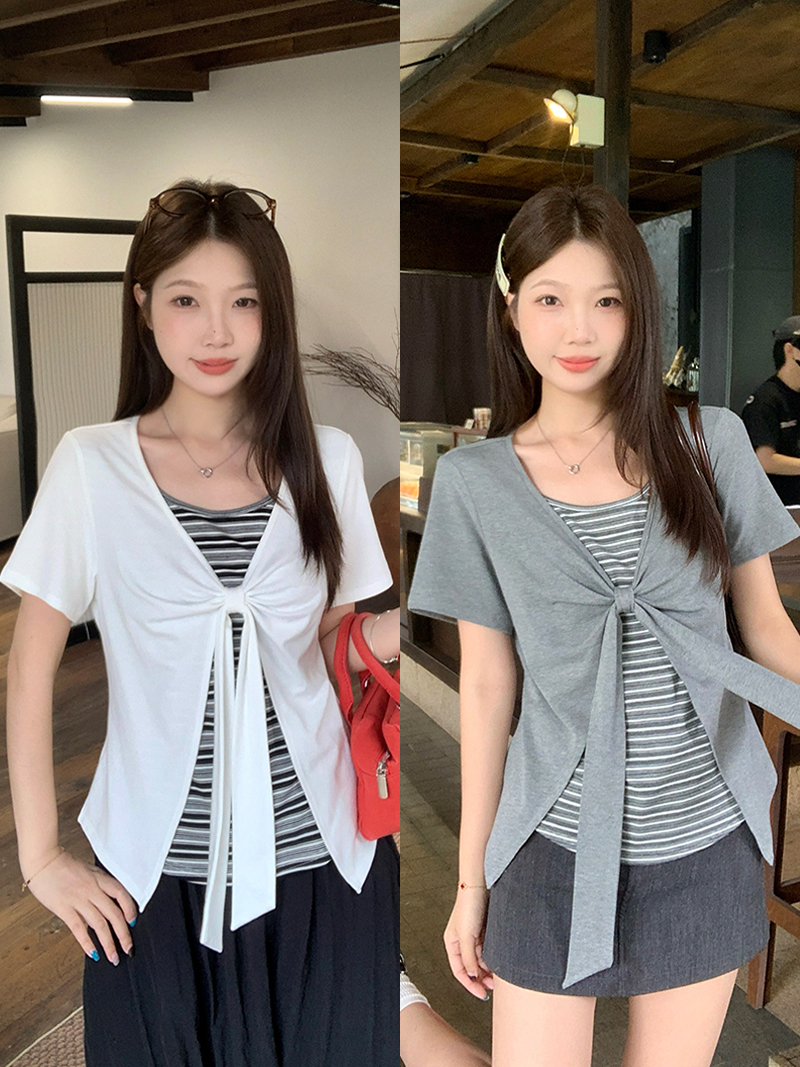 정가 실사 2026 여름 드레스 지방 mm 새로운 디자인 센스 스트라이프 패치워크 레이스업 슬림해 보이는 페이크 레이어드 맨위