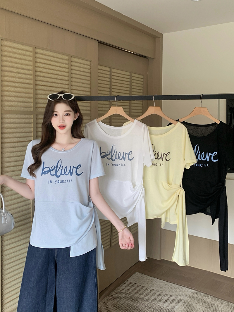 정가 실사 2026 여름 드레스 새로운 지방 mm 빅 사이즈 여성 레저 프린트 알파벳 불규칙 스트랩 반팔 티셔츠