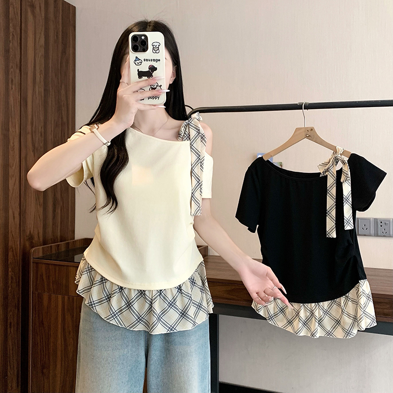 정가 실사 2026 여름 드레스 새로운 지방 mm 빅 사이즈 여성 프랑스식 비스듬한 어깨 스트랩 체크무늬 패치워크 반팔 맨위