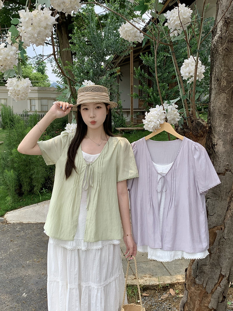 실사 2026 여름 드레스 새로운 지방 mm 빅 사이즈 여성 한 부서 부드러운 바람 페이크 레이어드 레이스업 작은 셔츠 반팔 맨위
