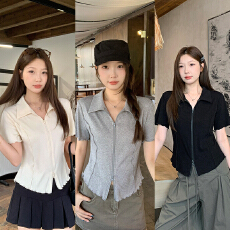 批发实拍2026夏装新款胖mm大码女简约翻领双拉链木耳边短袖小衫上衣