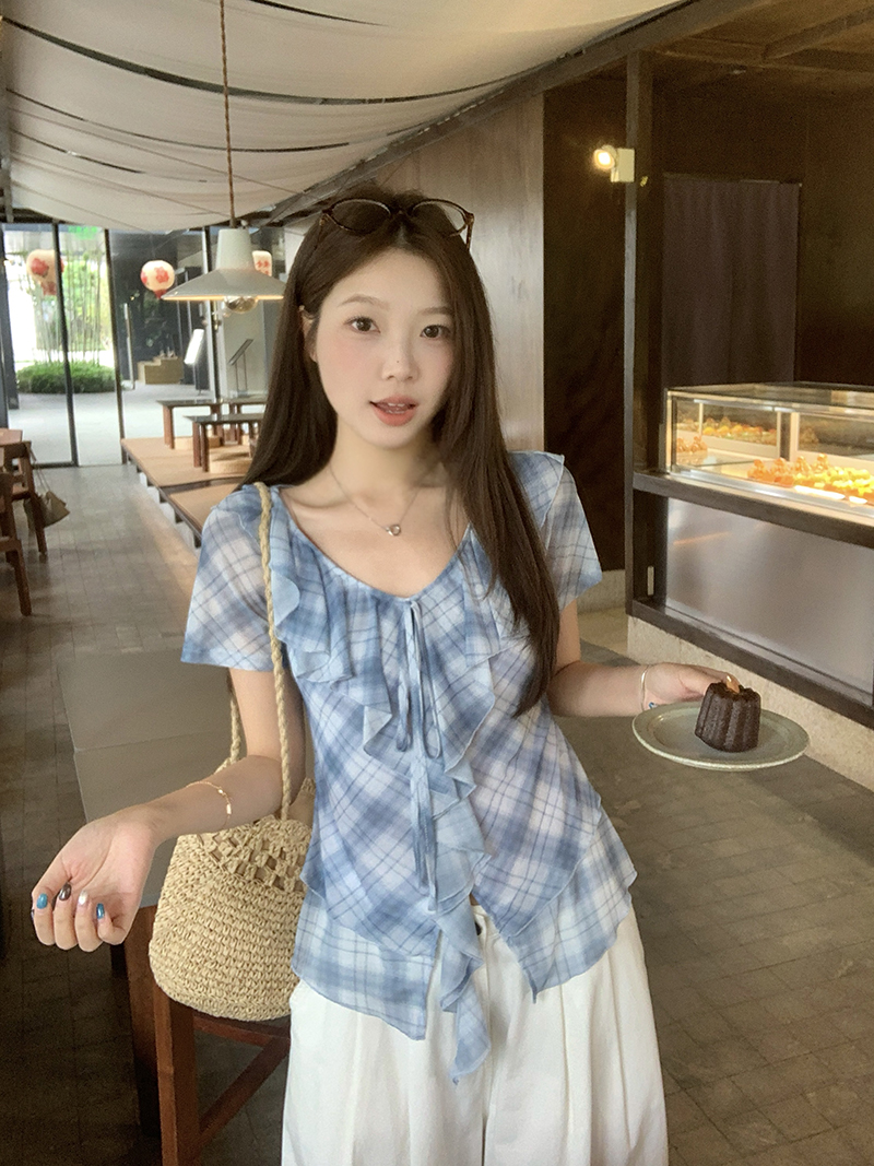실사 2026 여름 드레스 새로운 지방 mm 빅 사이즈 여성 프랑스식 레트로 V넥 체크무늬 프릴 반팔 작은 셔츠 맨위