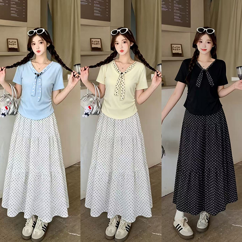 정가 실사 2026 여름 드레스 새로운 지방 mm 빅 사이즈 여성 달콤함 스트랩 곡선 반팔 도트 무늬 반신 치마 세트