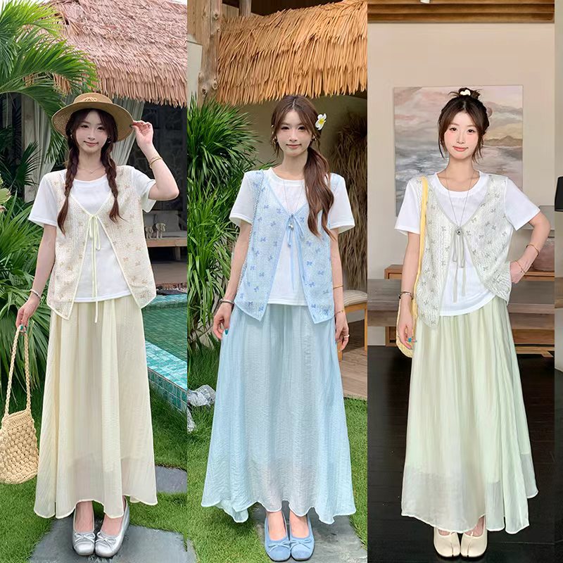 정가 실사 2026 여름 드레스 새로운 지방 mm 빅 사이즈 여성 한 부서 레이스 페이크 레이어드 반팔 반신 치마 세트