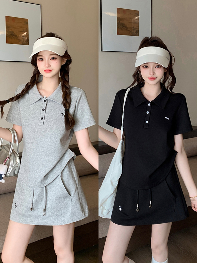 실사 2026 여름 드레스 새로운 지방 mm 빅 사이즈 여성 달콤함 운동 바람 자수 작은 말 polo 반팔 미니 스커트 세트