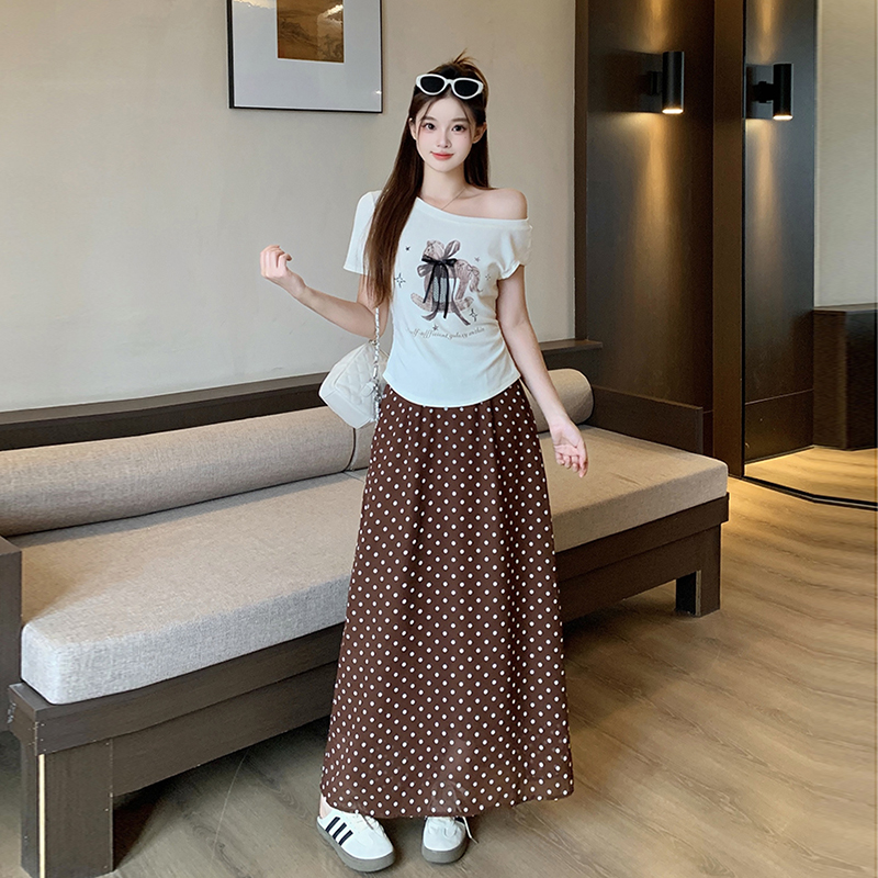 RY6450# 实拍2026夏装新款胖mm大码女甜美卡通印花露肩短袖波点半身裙套装