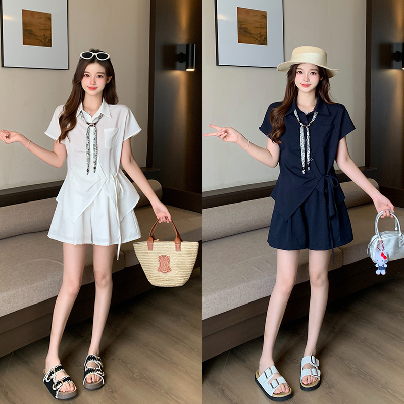 RY6449# 实拍2026夏装新款胖mm大码女韩系设计感丝巾短袖衬衫短裤两件套