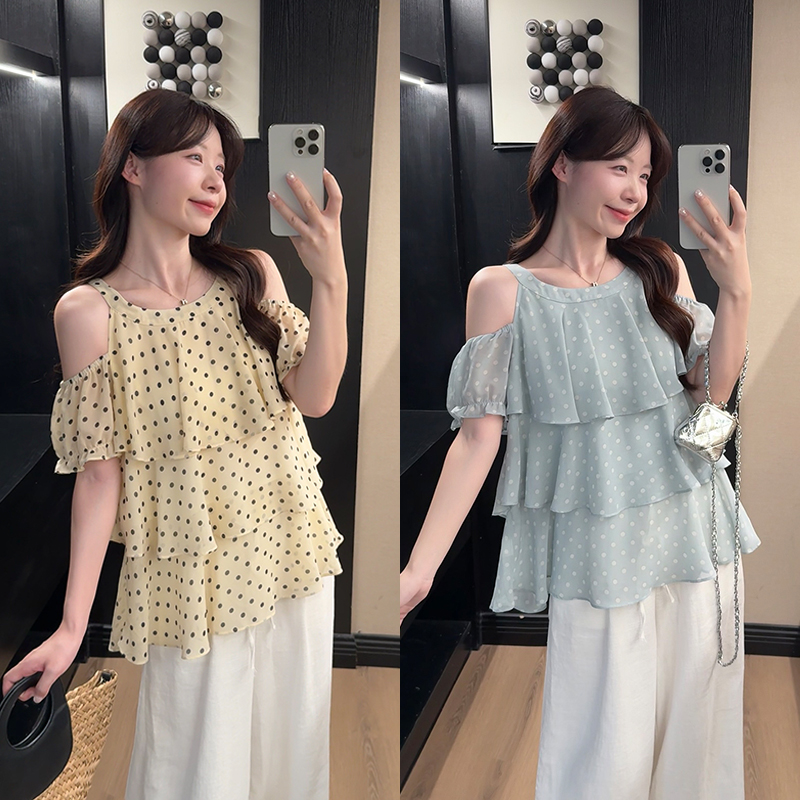 夏装新款胖mm大码女韩系甜美波点露肩蛋糕短袖雪纺上衣 服裝批發女裝批發服飾貨源