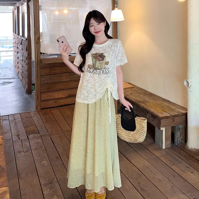夏装新款胖mm大码女时尚休闲蕾丝提花轻薄短袖半身裙套装 服裝批發女裝批發服飾貨源