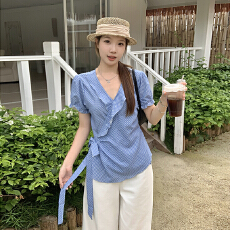 批发实拍2026<b class='q'>夏</b>装新款胖mm大码女法式泡泡袖荷叶边绑带短袖小衫上衣
