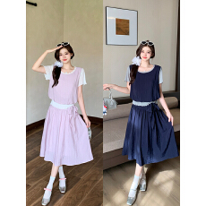 批发实拍2026夏装新款胖mm大码女韩系<b class='q'>甜美</b>假两件短袖上衣半身裙两件套