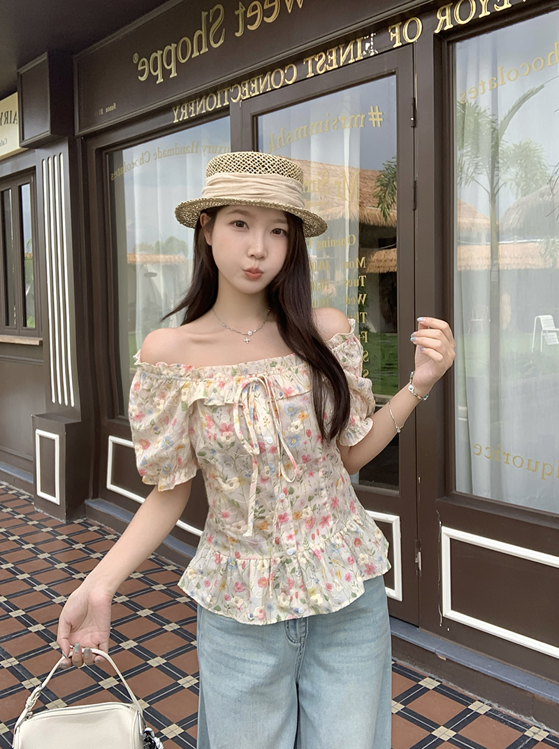 BY28593# 夏装新款胖mm大码女韩系纯欲碎花方领泡泡袖短袖小衫上衣 服裝批發女裝批發服飾貨源