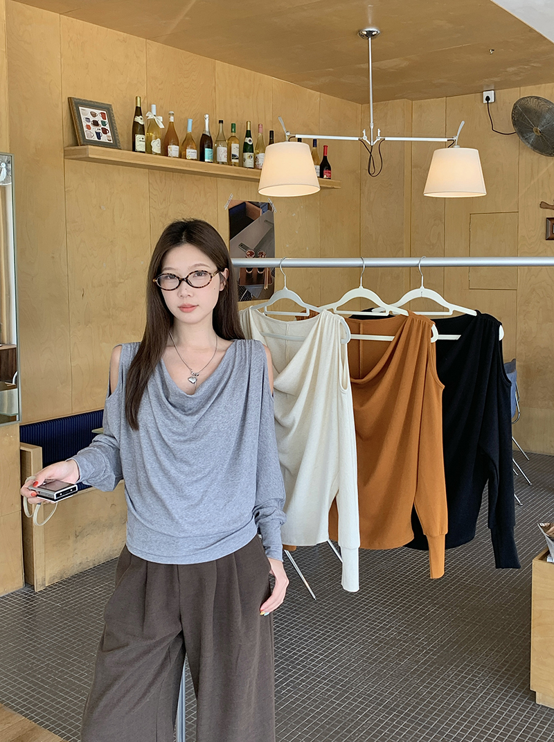 RY8414# 实价实拍2026秋装新款胖mm大码女韩系甜美荡领露肩设计感...