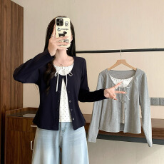 批发实拍2026秋装新款<b class='q'>胖</b>mm<b class='q'>大码</b>女韩系甜美拼接波点假两件长袖上衣