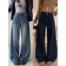 批发实拍实价~美式满天星<b class='q'>烫钻</b>阔腿<b class='q'>牛仔裤</b>高腰宽松垂感直筒长裤女