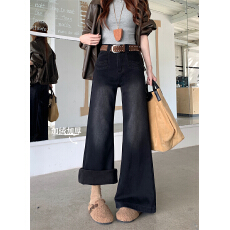 批发实拍实价~新款高腰显瘦复古宽松加绒加厚弹力微喇阔腿牛仔裤女