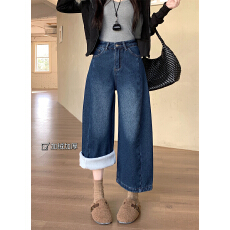 批发实拍实价~秋冬加绒加厚设计感高腰直筒牛仔阔腿<b class='q'>九分裤</b>女