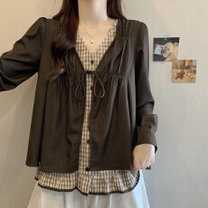 批发法式系带V领长袖衬衫女春<b class='q'>秋</b>微胖大码设计感假两件减龄上衣