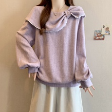 批发大码法式温柔蝴蝶结领紫色针织卫衣女秋冬季宽松显瘦减龄百搭上衣