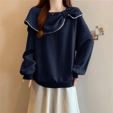 批发大码法式蝴蝶结领长袖针织衫女冬季宽松显瘦减龄百搭上衣