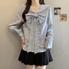 批发大码女装法式蝴蝶结蓝色条纹衬衫春季新款胖mm漂亮小衫