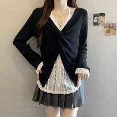 批发大码长袖t恤春款2026新款女装蕾丝拼接挂脖上衣胖mm打底衫