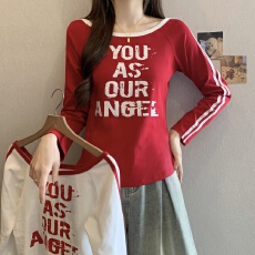 批发大码 美式插肩长袖t恤女春季2026新款织带撞色长袖T恤上衣