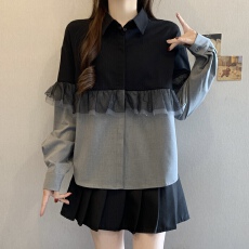 批发大码 时尚撞色翻领网纱拼接休闲百搭长袖衬衫