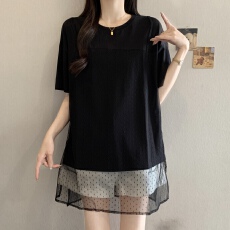 批发大码  拼接网纱T恤女26夏季新款舒适圆领宽松不对称短袖上衣