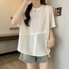 大码 2026夏新款拼接假两件休闲短袖T恤宽松设计感上衣女