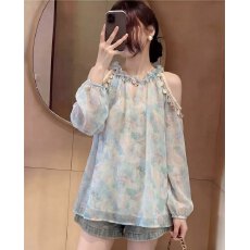 批发<b class='q'>大码</b> 气质木耳边圆领雪纺衫2026年春夏季新款女优雅挖肩印花上衣